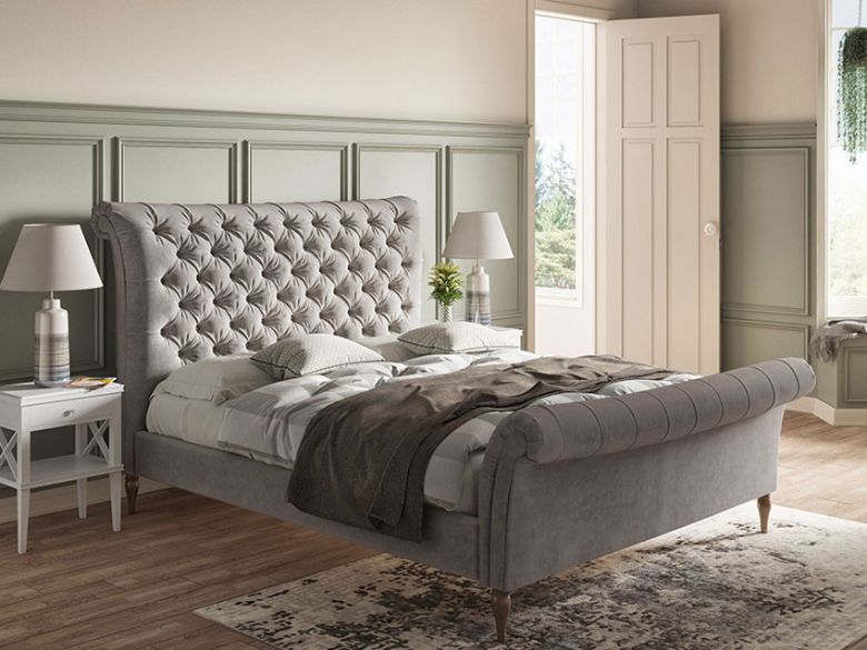 Conrad upholstered King size frame in grey fabric available at Lee Longlands