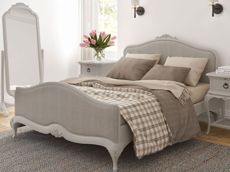 Etienne upholstered distressed grey double bed available at Lee Longlands