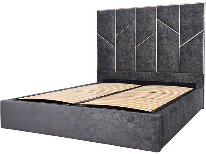 Caspian grey king bed frame with brass trim available at Lee Longlands