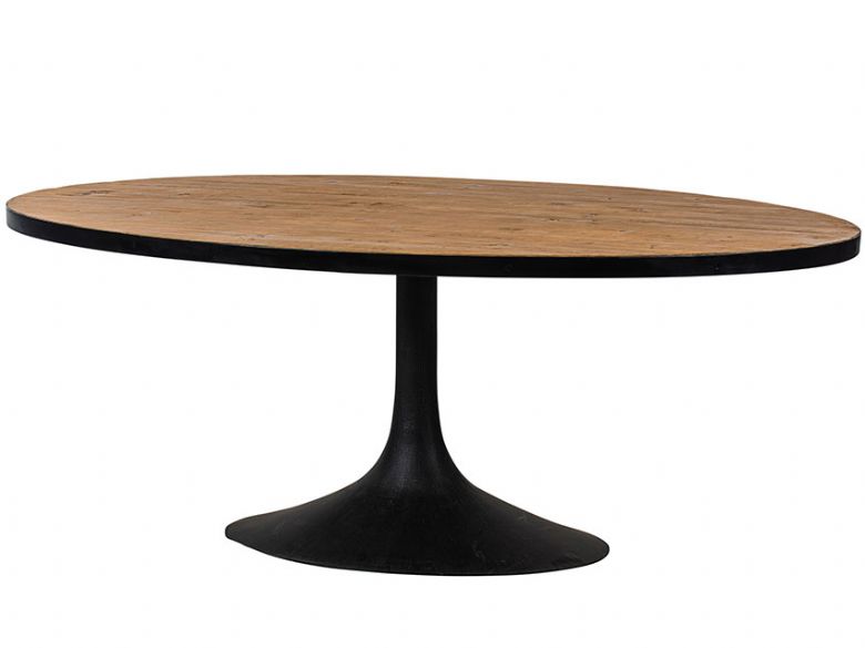 Heston reclaimed pine and black iron large oval dining table available at Lee Longlands