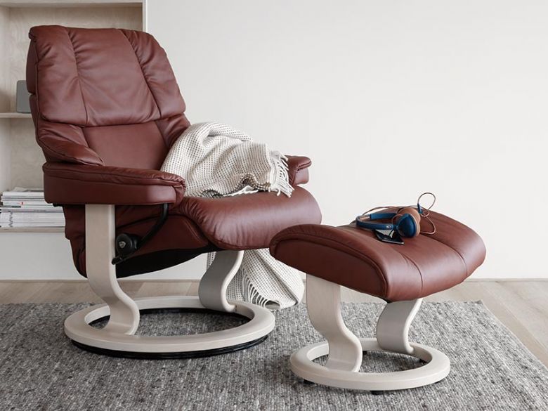 Stressless Reno Leather Chair in Paloma Maroon with Whitewash Base