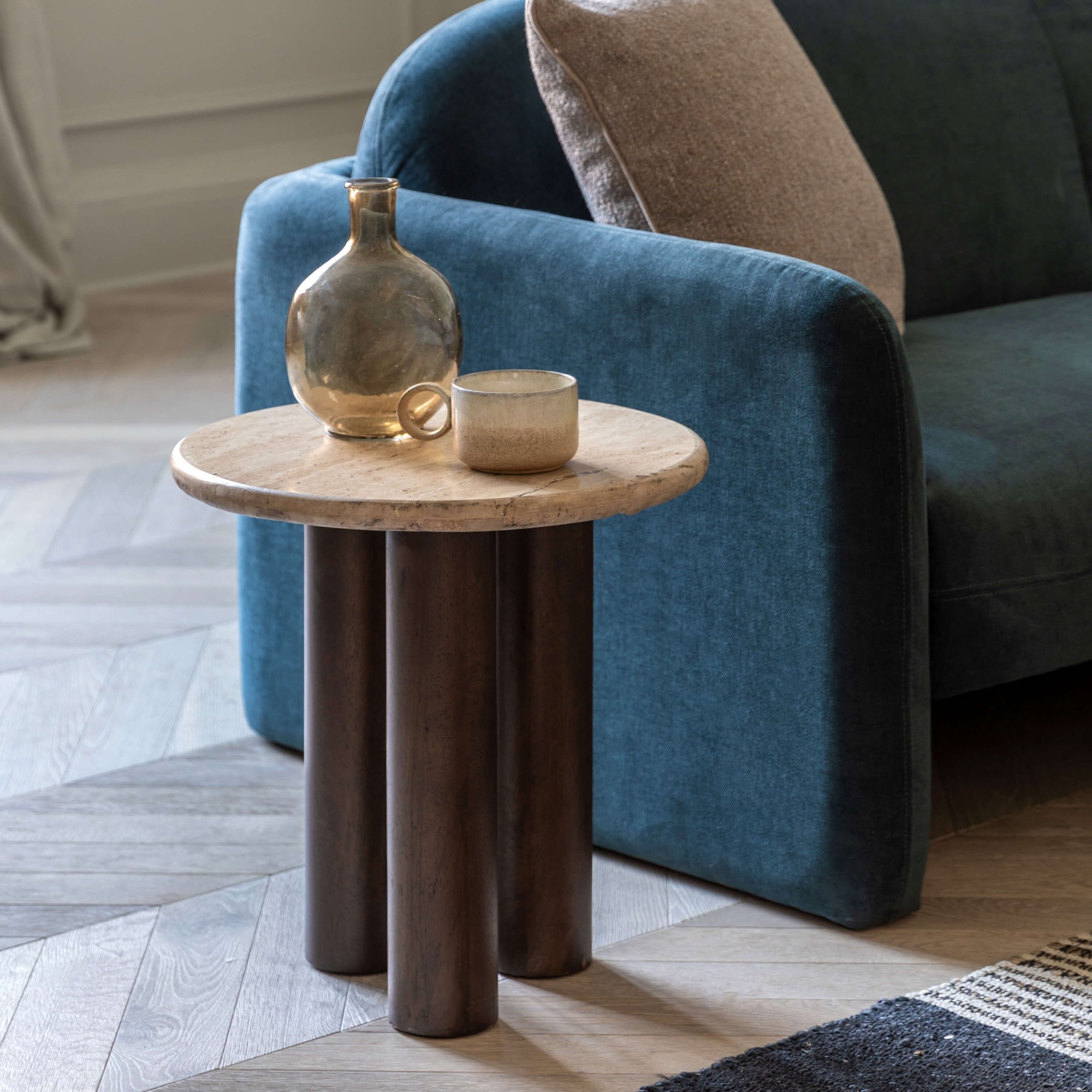 Travertine Side Table with Mango Wood Legs - Lee Longlands