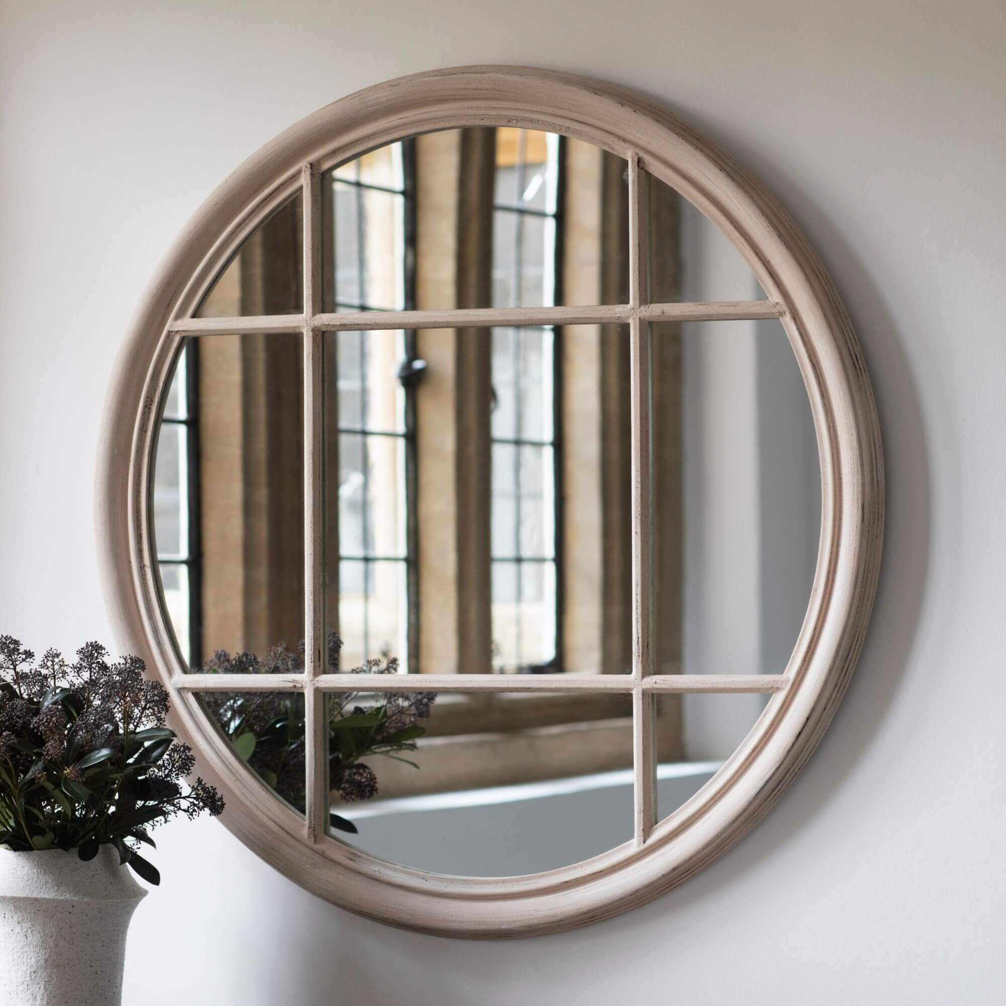Panelled Window Mirror in Distressed Matt Taupe - Lee Longlands