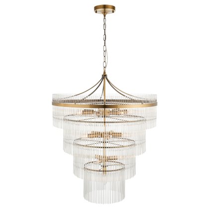 Marietta 16 Light Tiered Pendant – Antique Brass & Clear Glass Rods Marietta 16 Light Tiered Pendant – Antique Brass & Clear Glass Rods