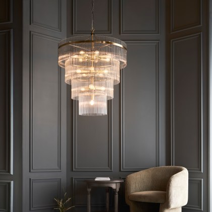 Marietta 16 Light Tiered Pendant – Antique Brass & Clear Glass Rods
