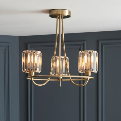 Berenice 3 Light Semi-Flush Ceiling Light – Antique Brass & Faceted Glass