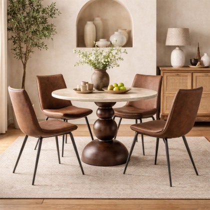 Sculpt Round Dining Table and 4 Hinks Dining Chairs (Brown)