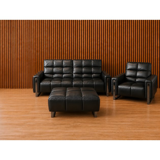 Viviana 3-seater, Single Chair and Footstool Set in Black leather Viviana 3-seater, Single Chair and Footstool Set in Black leather