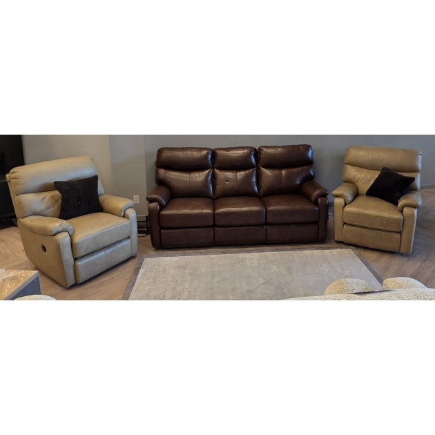 Scott - 3 Seater power recliner in Brown leather and 2 x Power Chairs in Biege Leather