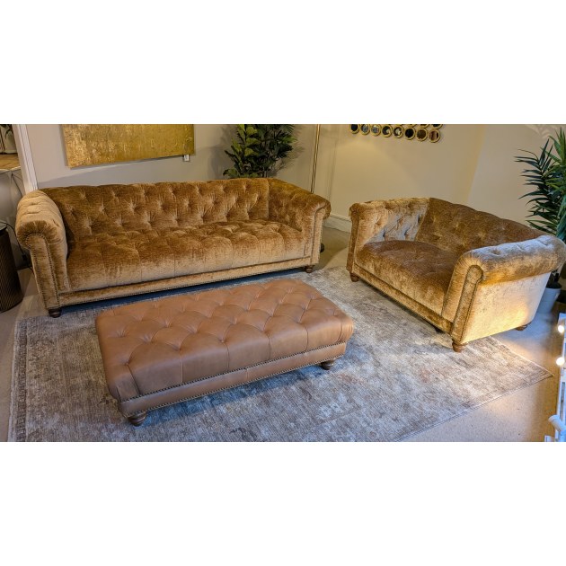 Ashdown Fabric Chesterfield 4 Seater Sofa, Snuggler & leather Footstool