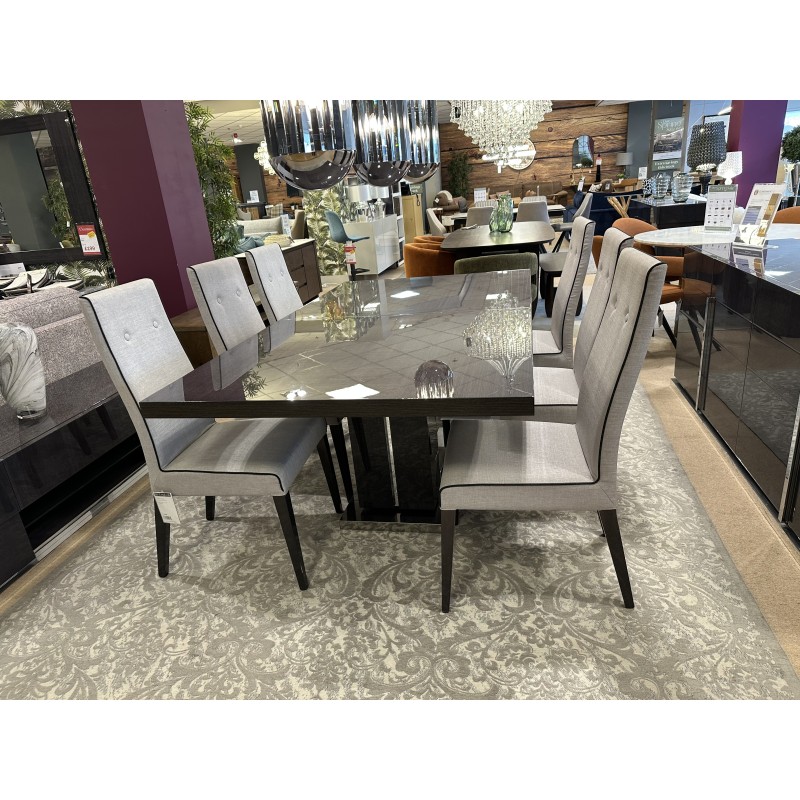 Keona Large extending Table and 6 tall backed chairs in Grey Linen Fabric Keona Large extending Table and 6 tall backed chairs in Grey Linen Fabric