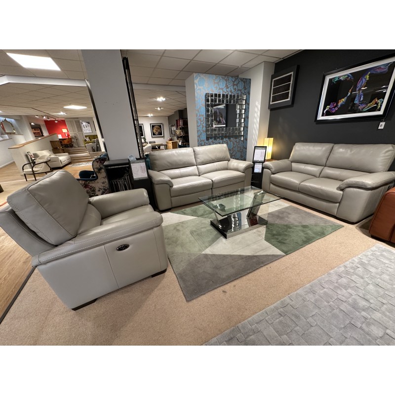 Rosie 2.5 Seater Electric Reclining Sofa, 2 Seater and Power Reclining Chair in Grey Leather Rosie 2.5 Seater Electric Reclining Sofa, 2 Seater and Power Reclining Chair in Grey Leather