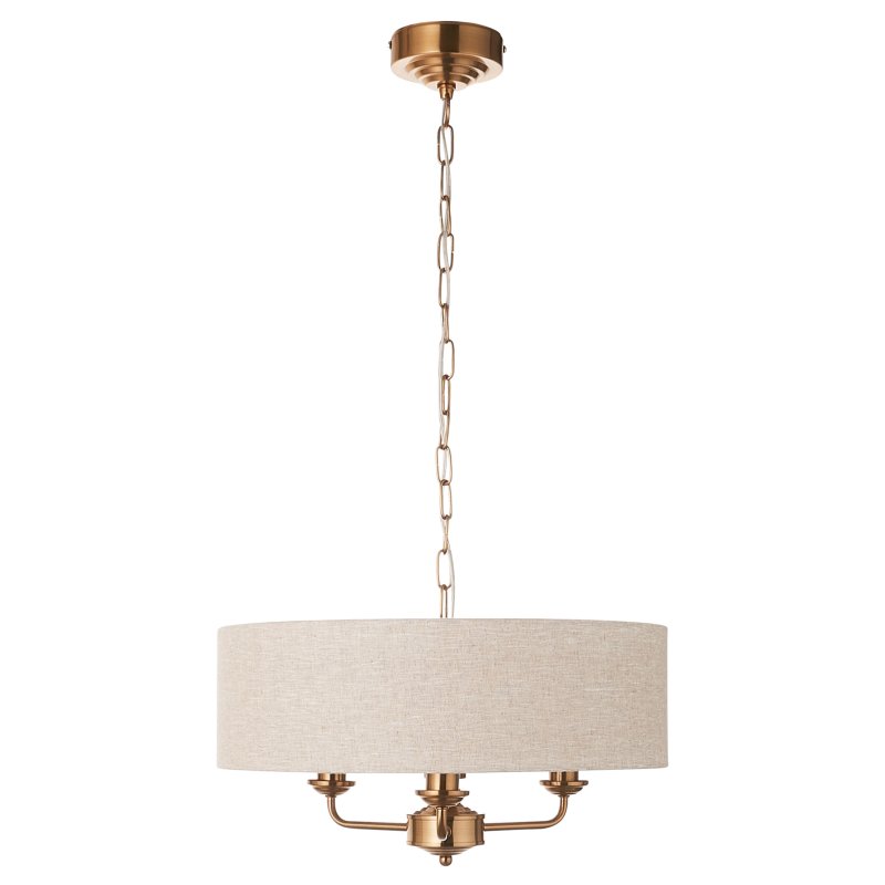 Highclere 3-Light Pendant – Vintage Brass with Natural Linen Shade Highclere 3-Light Pendant – Vintage Brass with Natural Linen Shade