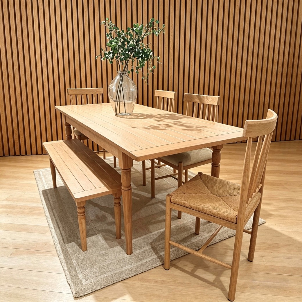 Eton Extending table 180-230cm Table, Wooden Bench, 2x Upholstered Chairs and 2x Wooden Rope Chairs Eton Extending table 180-230cm Table, Wooden Bench, 2x Upholstered Chairs and 2x Wooden Rope Chairs
