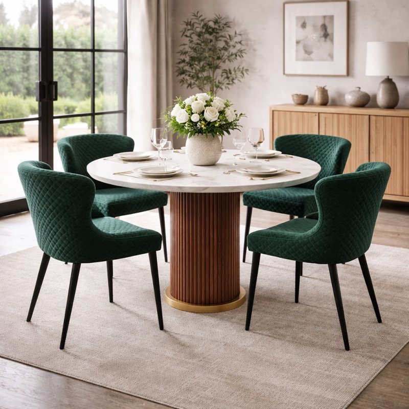 Crosby Round Dining Table Marble Top and 4 Versa Green Chairs Crosby Round Dining Table Marble Top and 4 Versa Green Chairs