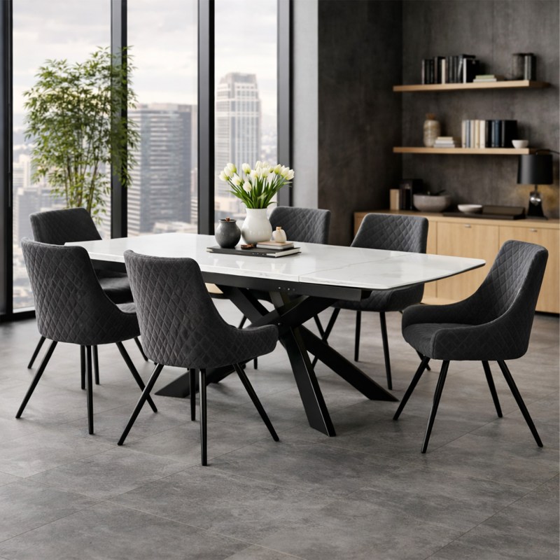 Amine Extendable Dining Table & 6 Dining Chair in Grey Amine Extendable Dining Table & 6 Dining Chair in Grey