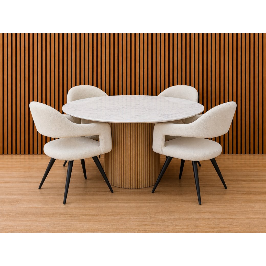 Raffi 120cm Round Dining Table with 4 x Jasmin Misty White Dining Chairs Raffi 120cm Round Dining Table with 4 x Jasmin Misty White Dining Chairs