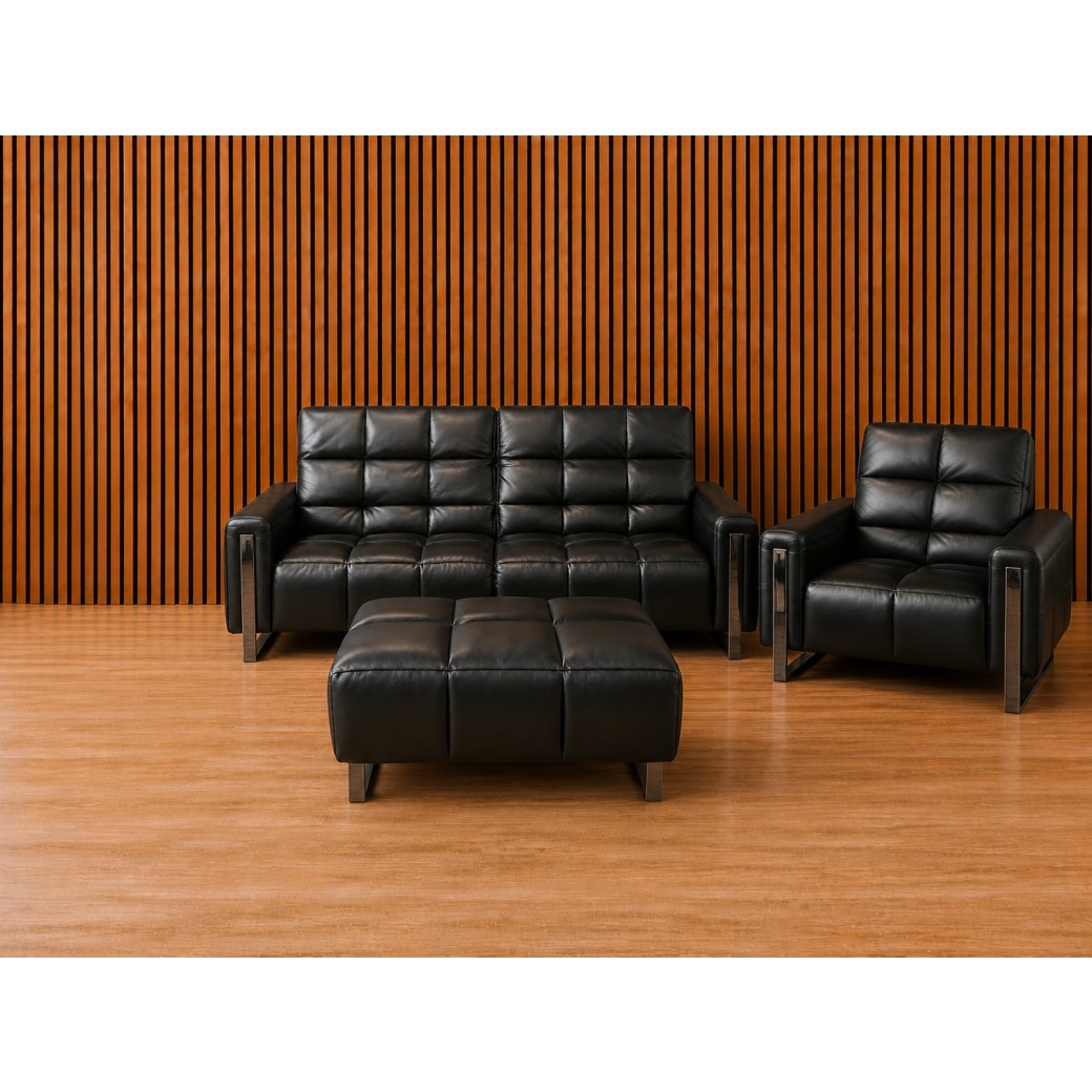 Viviana 3-seater, Single Chair and Footstool Set in Black leather Viviana 3-seater, Single Chair and Footstool Set in Black leather