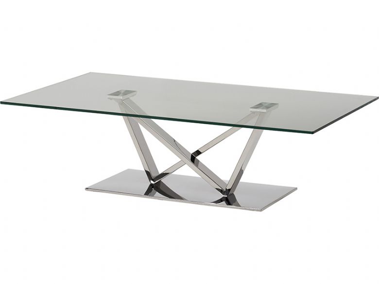 Frank contemporary glass coffee table with stainless steel base available at Lee Longlands