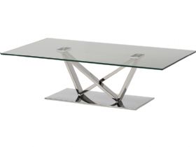 Frank contemporary glass coffee table with stainless steel base available at Lee Longlands