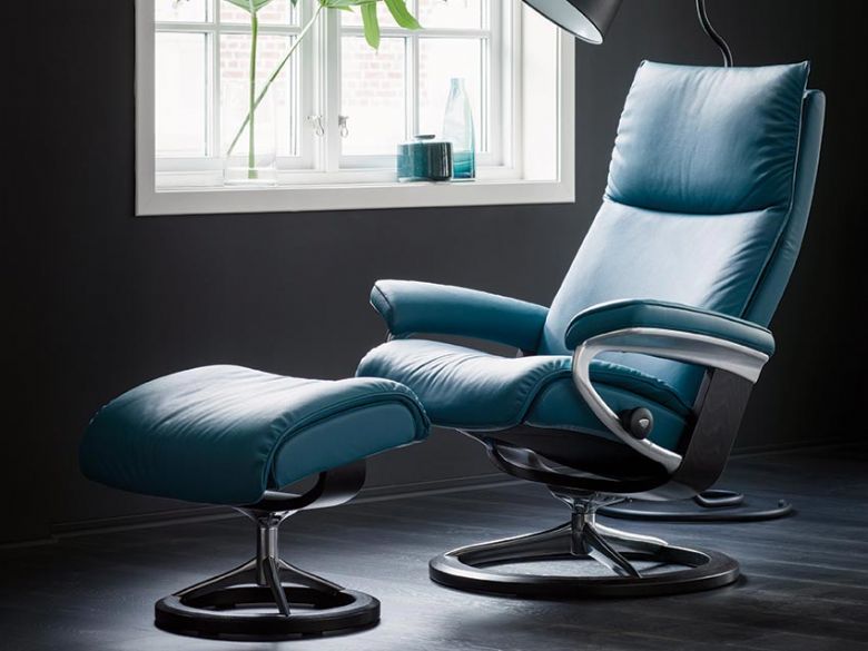 Stressless Aura Leather Chair with Signature Base in Paloma Sparrow Blue