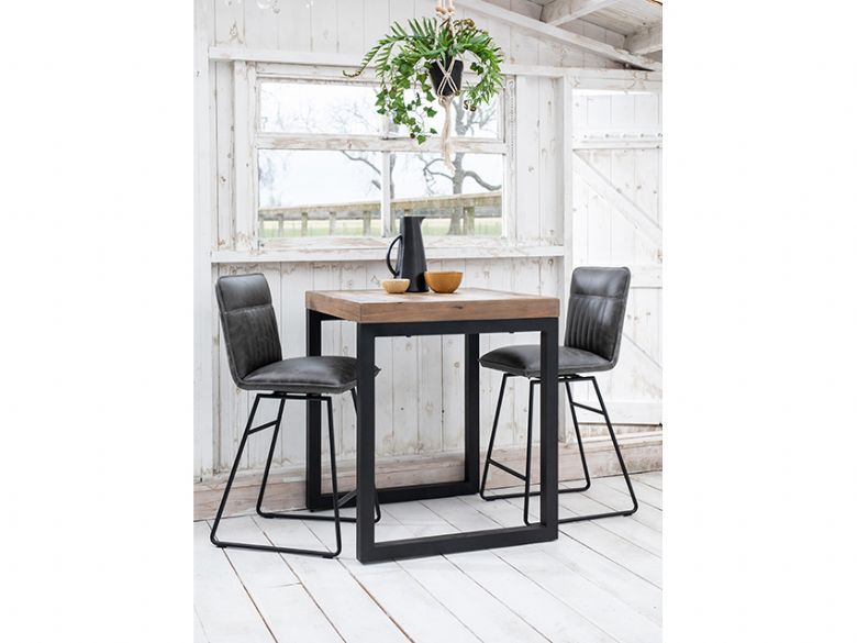 Sam grey barstools with Halsey square reclaimed bar table