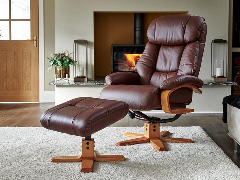 Vienne Swivel Recliner Chair Stool, Brown Leather Swivel Recliner Chair