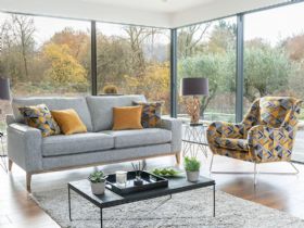 Charlotte grey sofa and yellow geometric accent chair