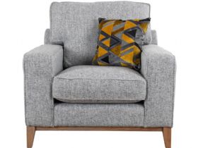 Charlotte fabric grey chair with geometric scatter cushion available at Lee Longlands