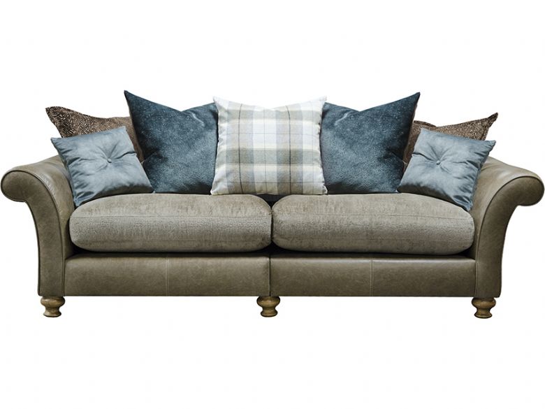 Harrison leather and fabric scatter back split 4 seater sofa available at Lee Longlands