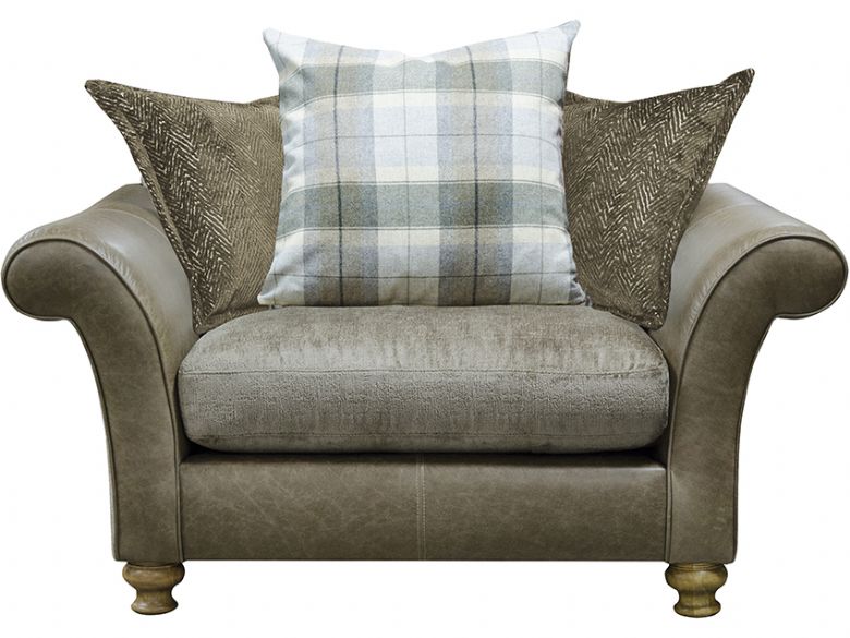 Harrison pillow back snuggler in fabric and leather at Lee Longlands