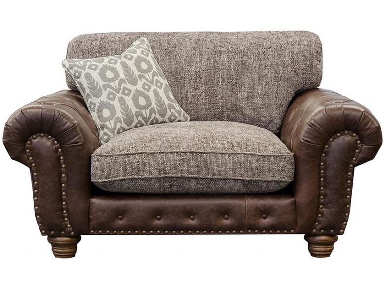 Hamilton leather and fabric contemporary classic snuggler chair available at Lee Longlands