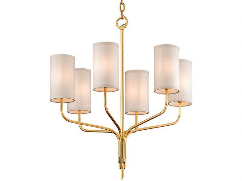Juniper gold 6 light chandelier with off white shade available at Lee Longlands