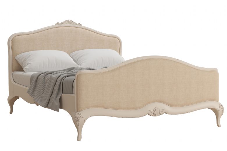Ivory distressed upholstered king size bedframe available at Lee Longlands