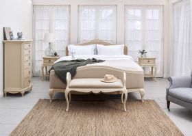Ivory distressed super king upholstered bed frame available at Lee Longlands