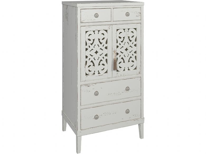 Atelier distressed finish white 4 drawer 2 door tall chest available at LeeLonglands