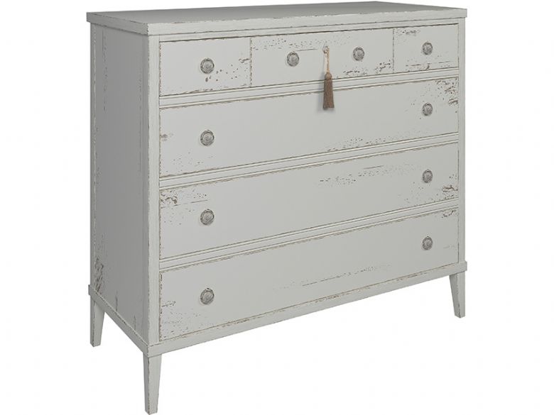 Atelier white distressed finish 6 drawer chest with tassles available at leelonglands