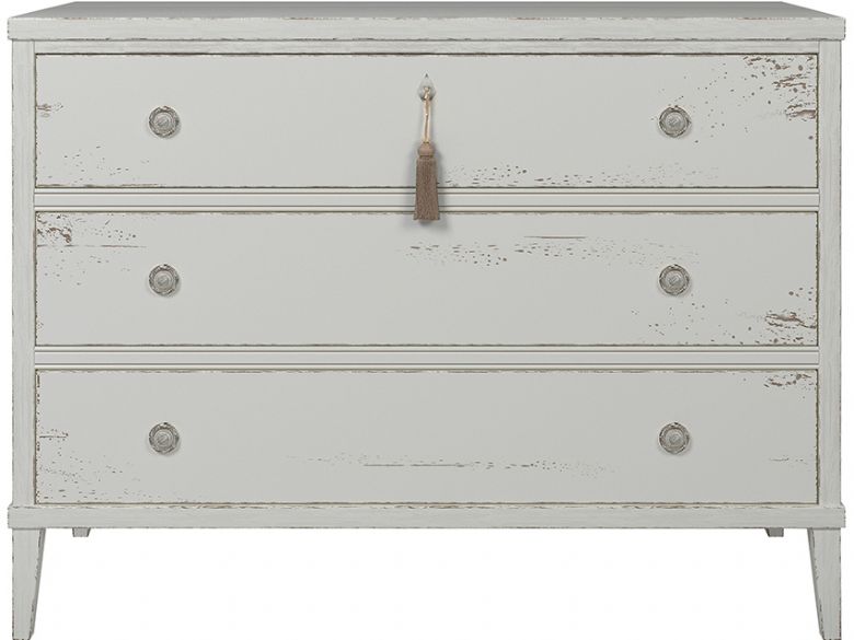 Atelier French style white distressed finish 3 drawer chest available at Lee Longlands