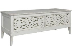 Atelier French style distressed storage ottoman available at Lee Longlands