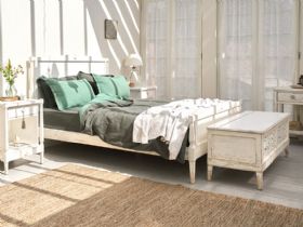 Atelier French style white distressed finish bedroom storage ottoman available at Lee Longlands