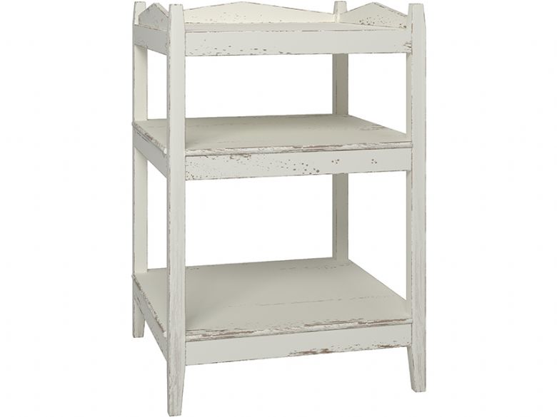 Atelier distressed finish white open bedside table available at Lee Longlands