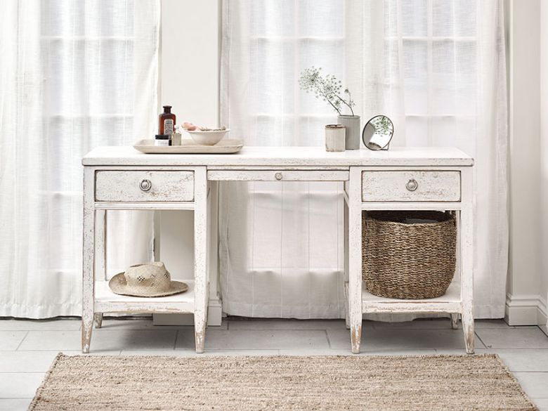 Atelier white distressed vanity table with compartmented jewellery drawer