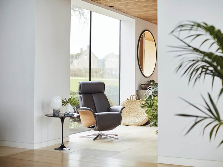 G Plan Oslo leather power recliner chair show wood panels available at Lee Longlands