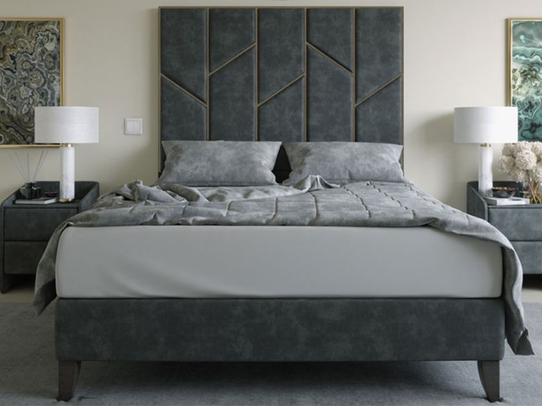 Caspian grey double bed frame with brass trim available at Lee Longlands