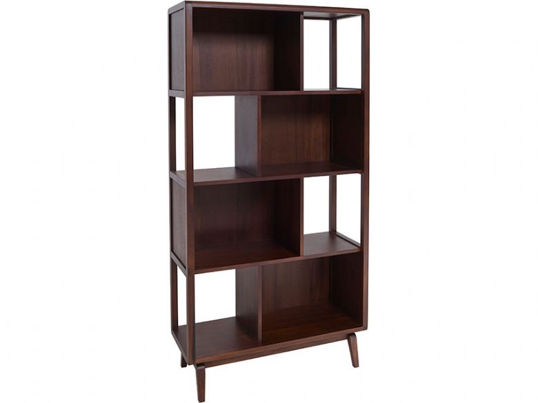 Ercol Lugo wood display cabinet with offset shelves and compartments