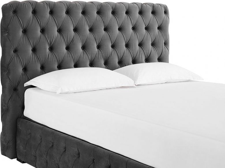 Mila grey velvet bed frame with button detail