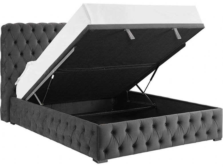 Mila grey velvet bed frame with ottoman storage