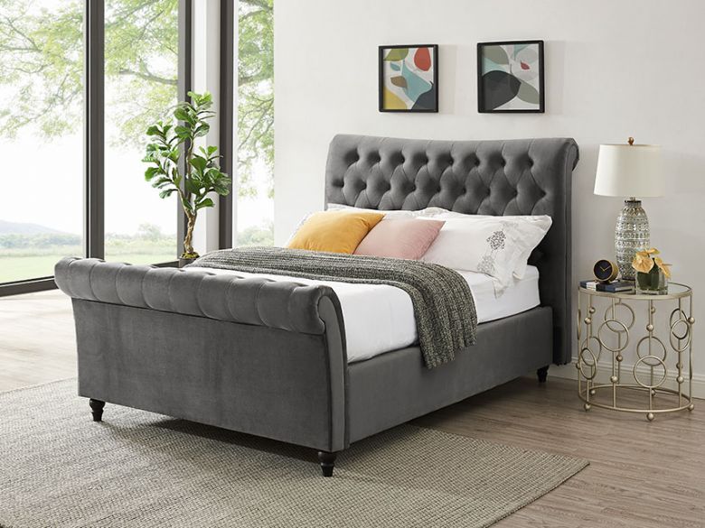 Hazel grey king size sleigh bed available at Lee Longlands