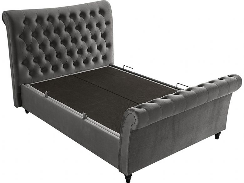 Hazel ottoman sleigh bed in grey velvet finance options available