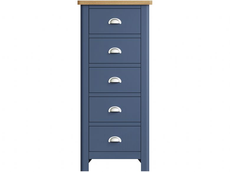 Broadway blue tall boy chest with 5 drawers, oak tops and silver cup handles